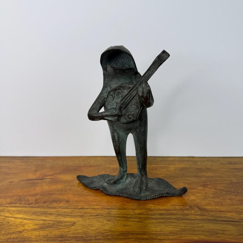 Vintage Cast Bronze Musical Frog Figurine Playing Guitar